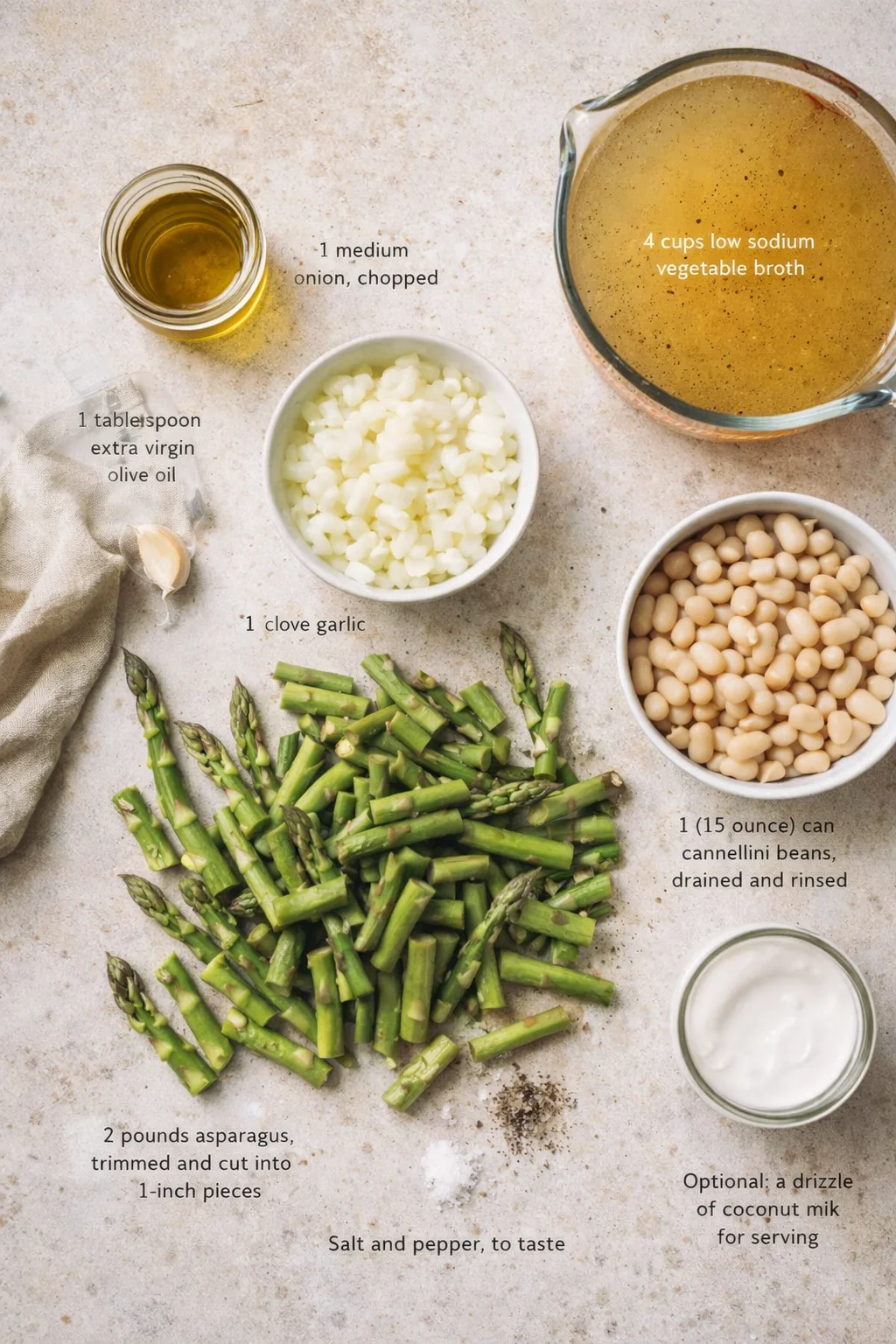 Overhead shot of asparagus, onions, cannellini beans, broth, and olive oil on a kitchen counter.