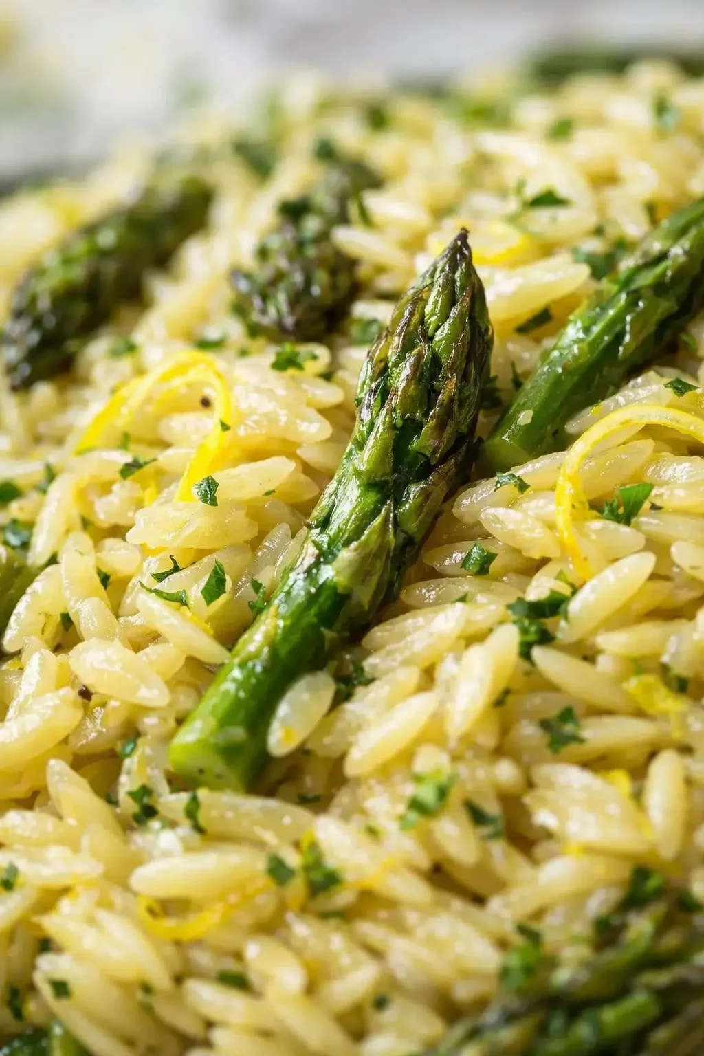 Close-up of creamy lemon-asparagus risotto with a bright asparagus spear on top