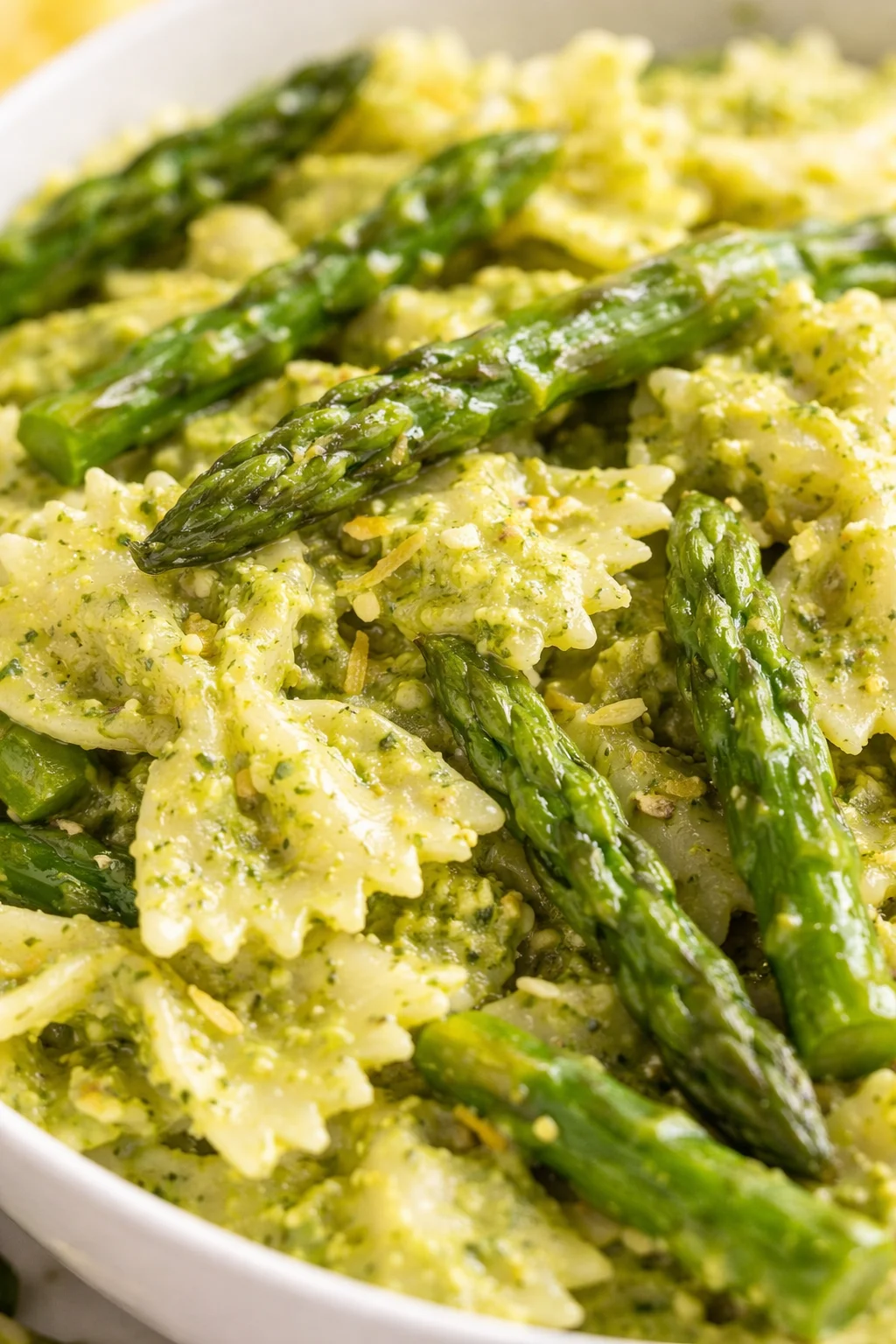 Close-up of bow-tie pasta with asparagus in vibrant green pesto sauce.