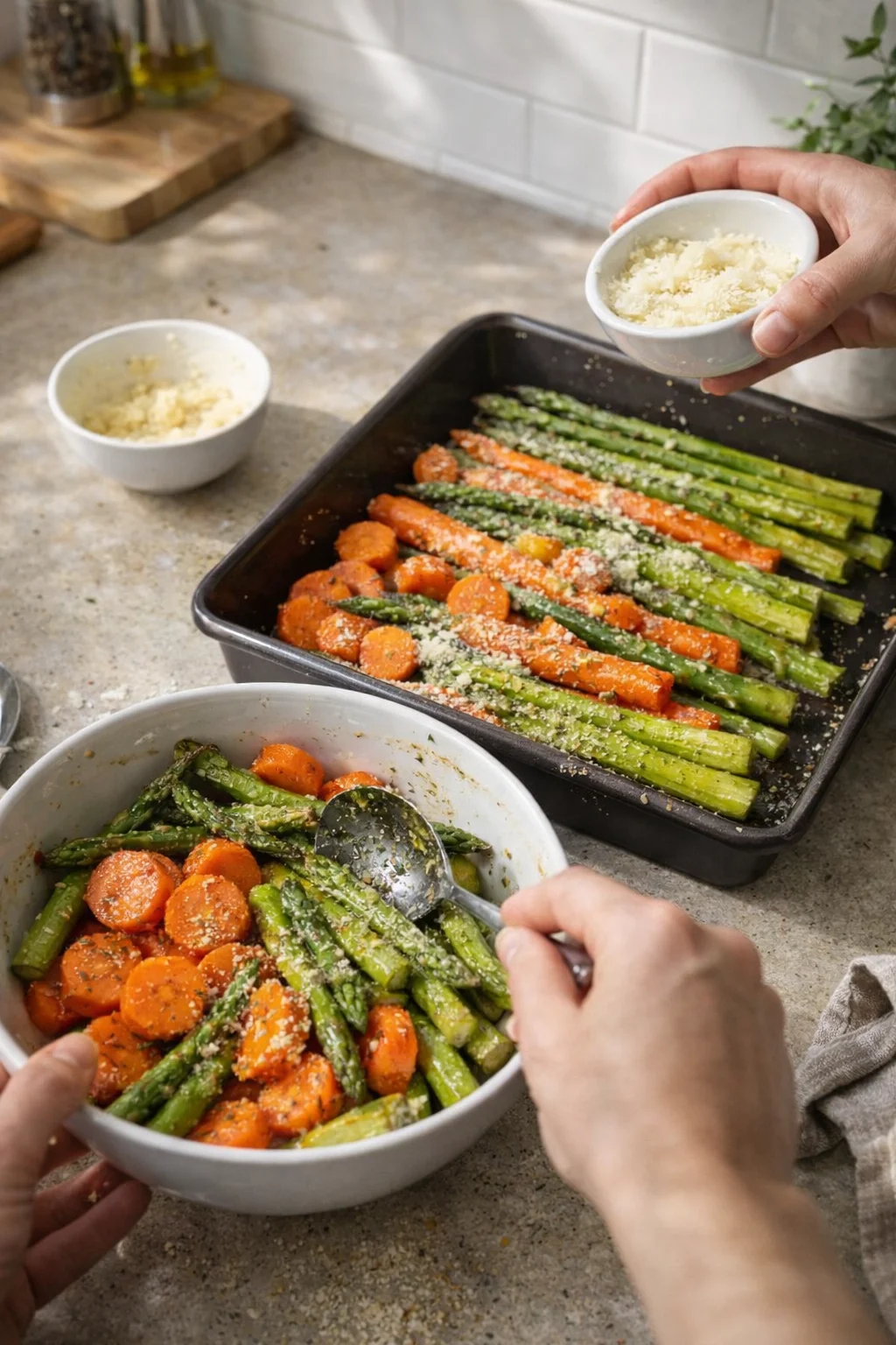 Asparagus and carrot pieces spread in a single layer on a baking sheet, roasted until lightly browned
