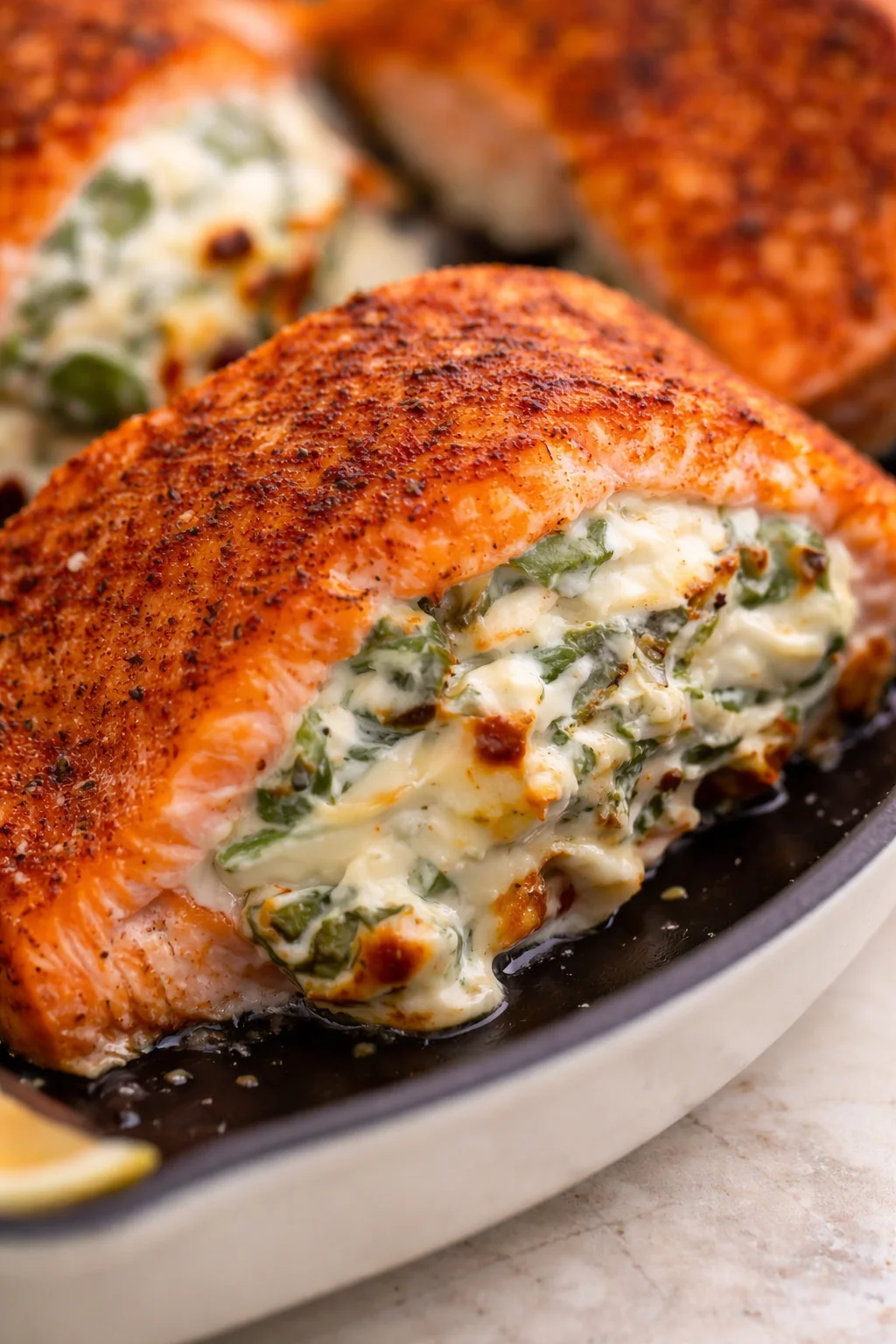Tight detail shot of Baked Stuffed Salmon with Spinach - Delicious Dinner in 25 Minutes highlighting texture