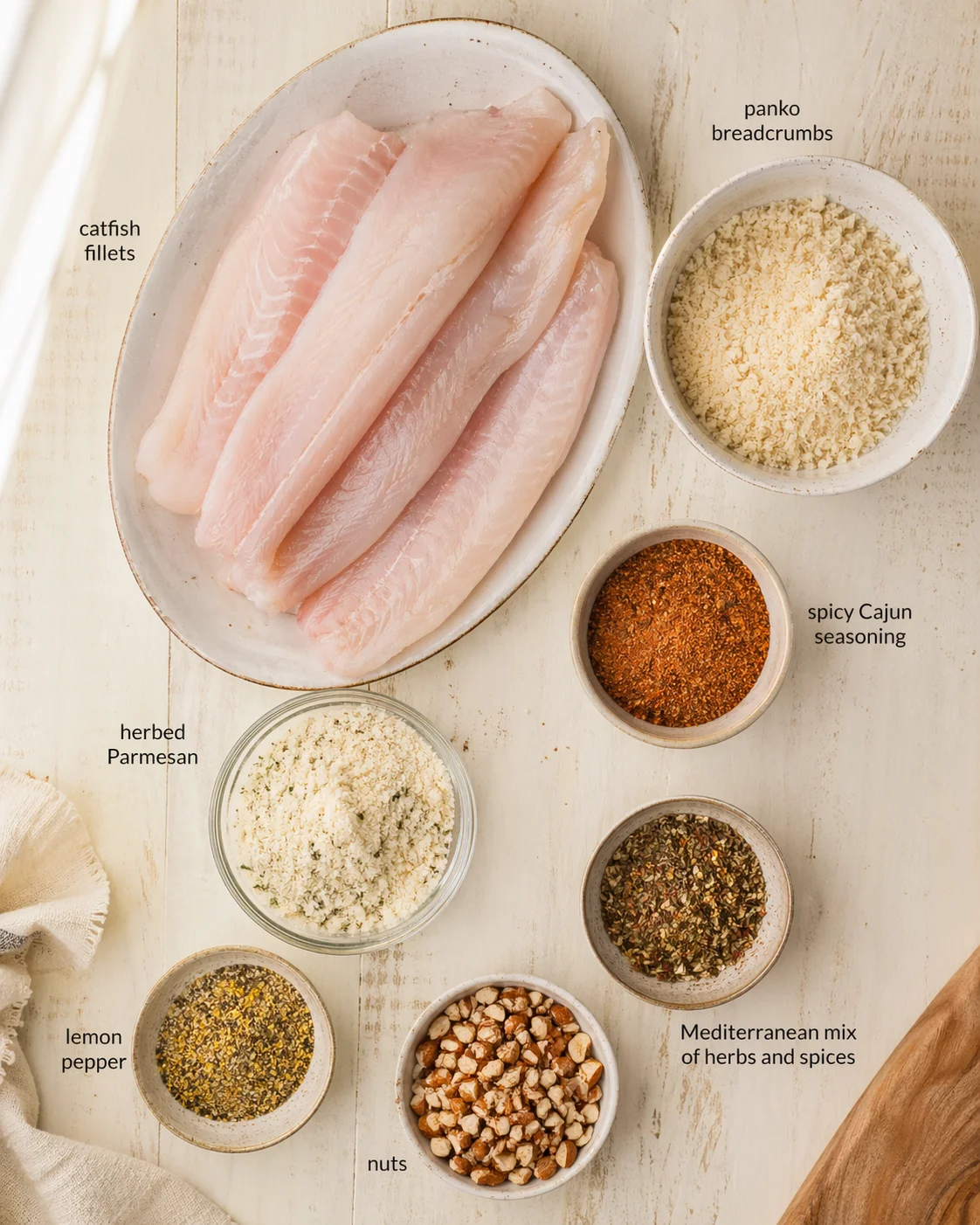 Measured ingredients arranged for Pioneer Woman Baked Catfish: An Incredible Ultimate Recipe: catfish fillets (fresh or fully thawed and patted dry if frozen), panko breadcrumbs, spicy Cajun seasoning, herbed Parmesan (f