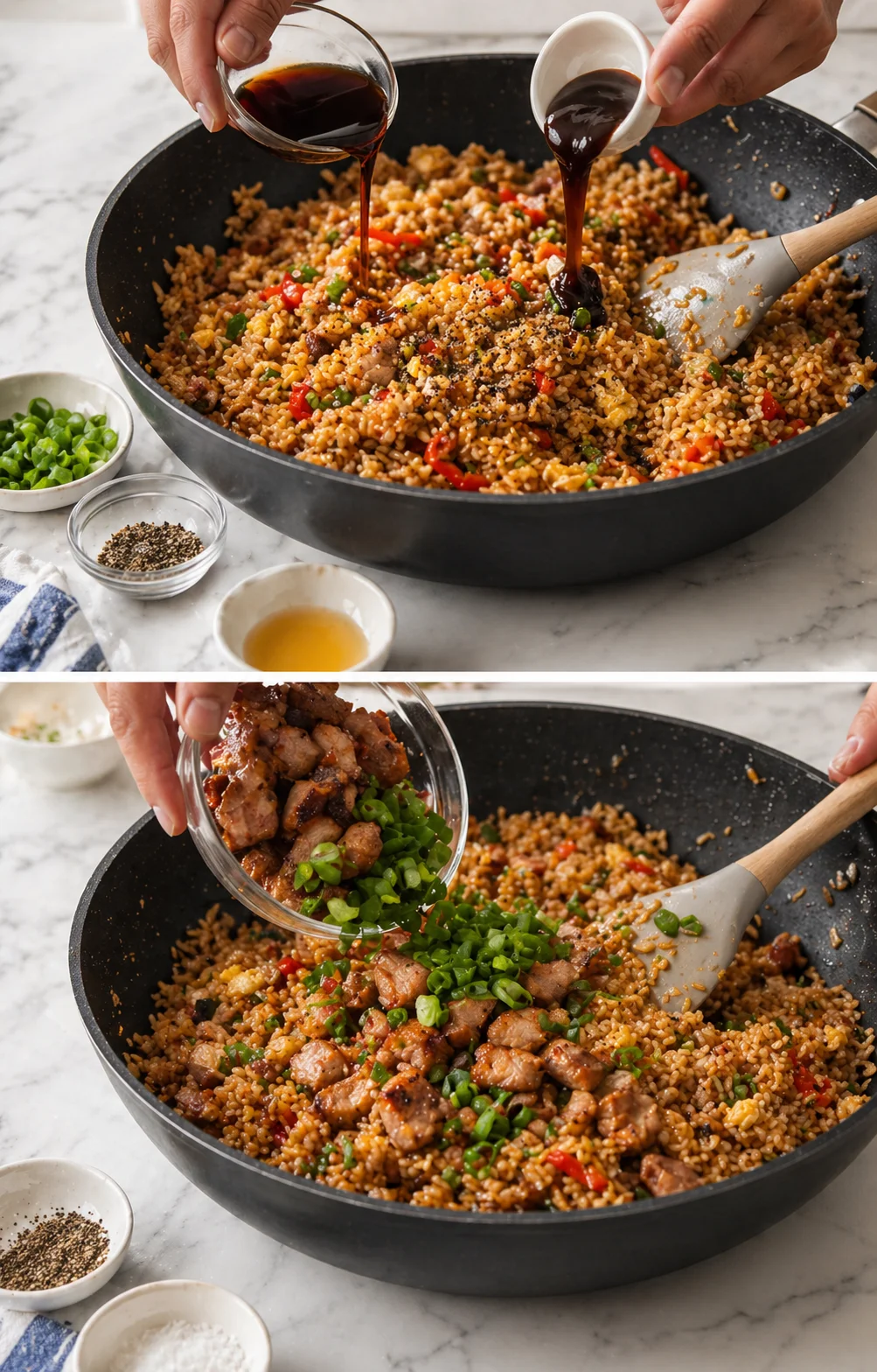 Dark sauces poured over rice, sesame oil drizzle and pepper visible, pork and green onions stirred back in.