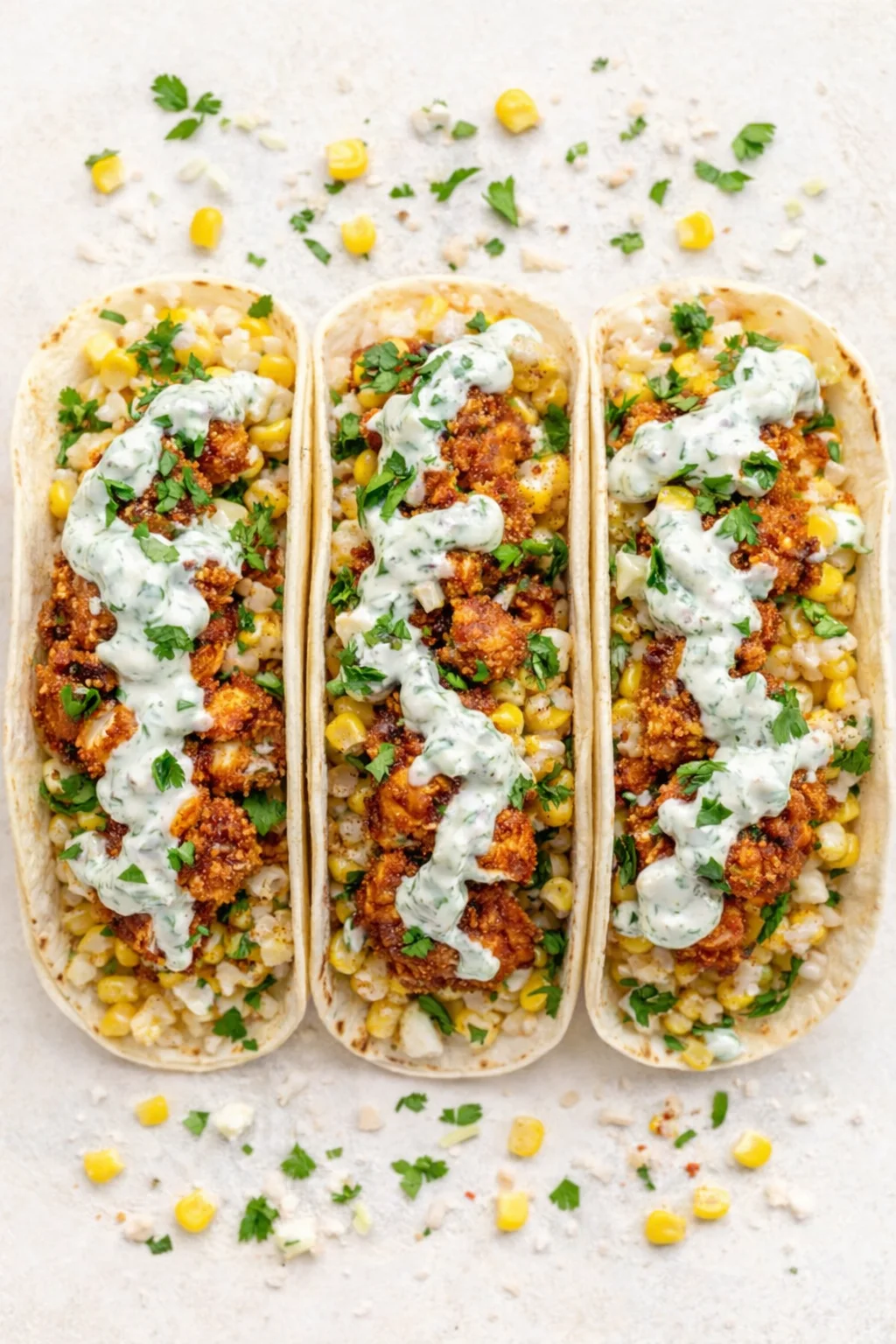 Straight-down overhead view of Fried Chicken Street Corn Taco with Jalapeno Lime Ranch Recipe