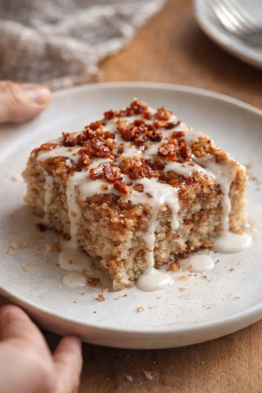 slice of cinnamon coffee cake topped with white glaze and crispy bacon bits on a gray plate