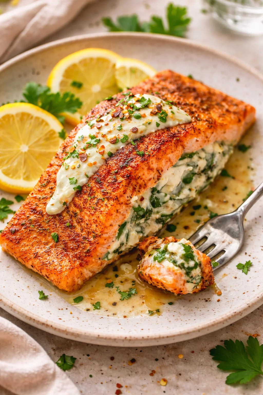 Single plated variation of Baked Stuffed Salmon with Spinach - Delicious Dinner in 25 Minutes shown in a natural kitchen scene