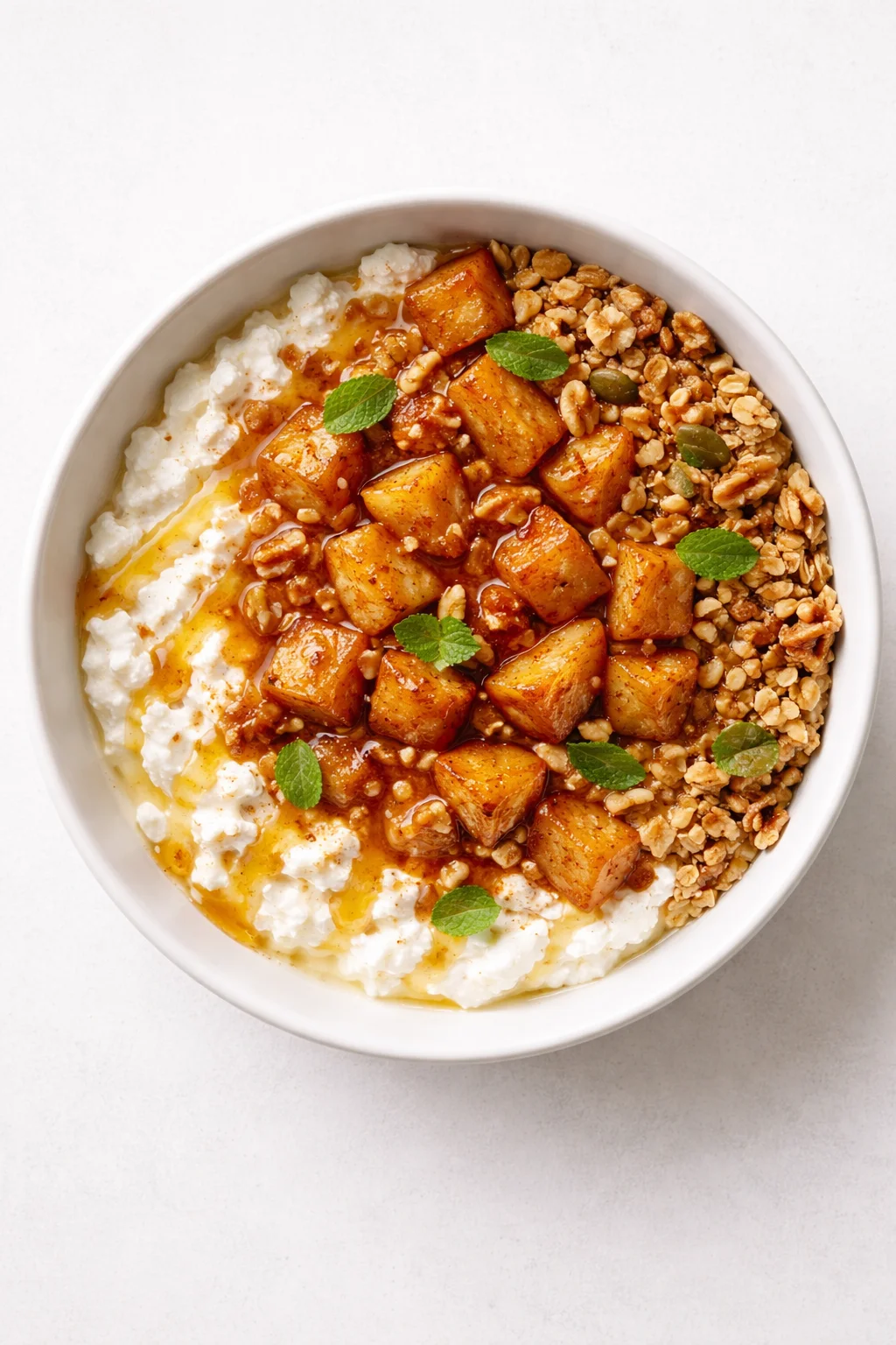 Creamy cottage cheese with baked apples and cinnamon garnished with fresh mint leaves.