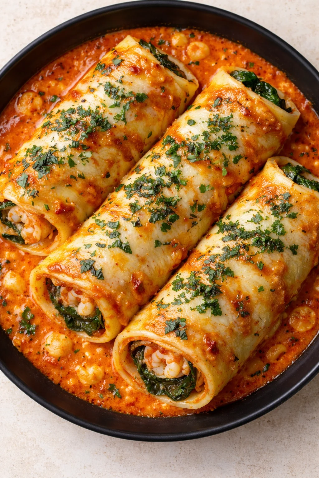 Three cannelloni in red tomato sauce, topped with melted cheese and parsley.
