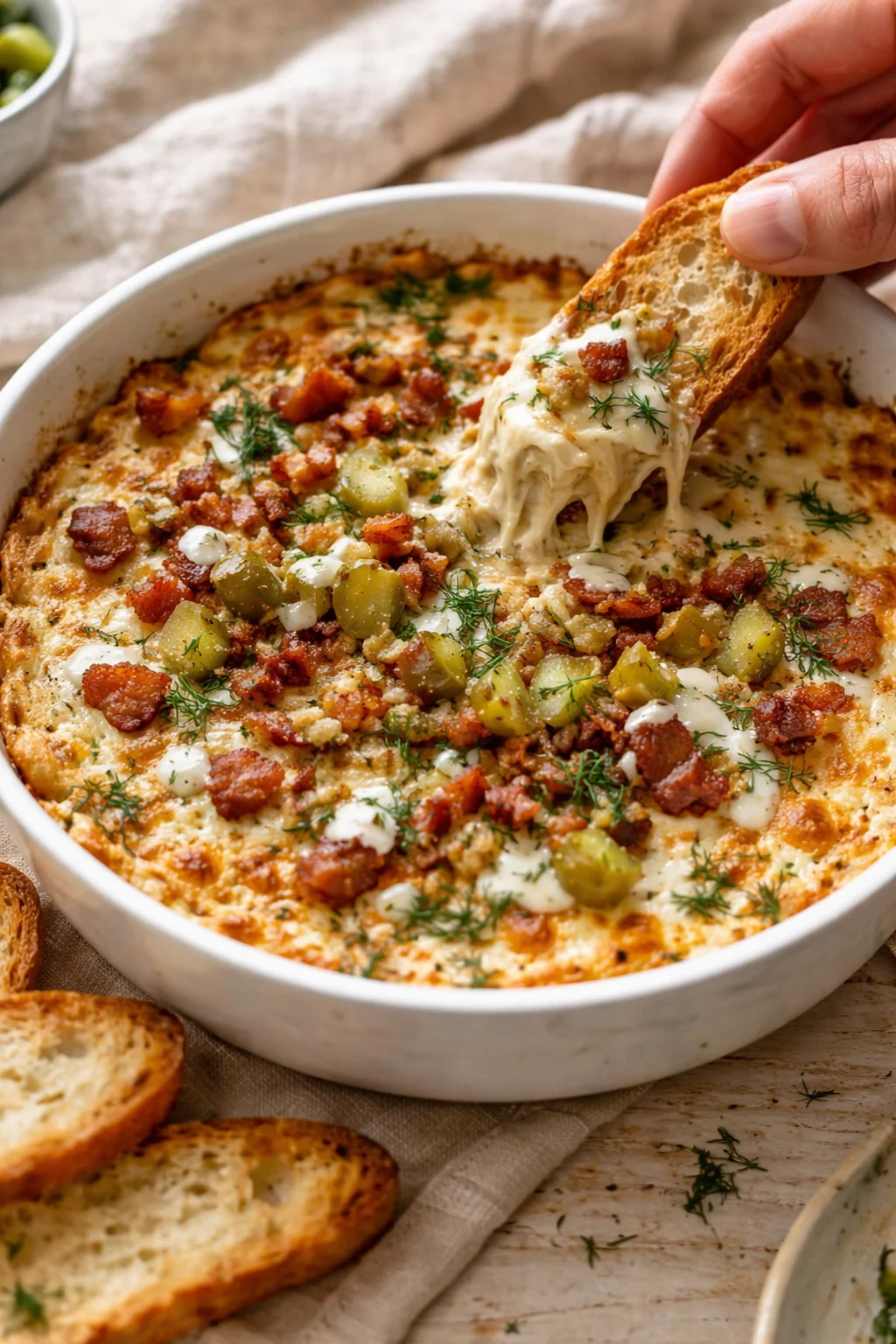 Creamy baked cheese dip with bacon, olives, dill, and crusty bread slices.