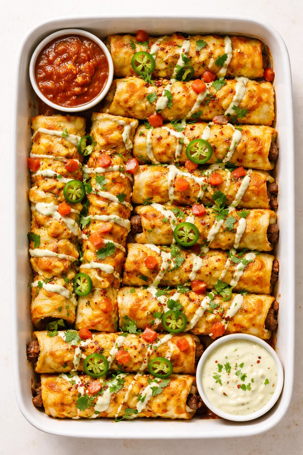 Golden-brown rolled enchiladas in a baking dish, drizzled with white crema and cilantro.