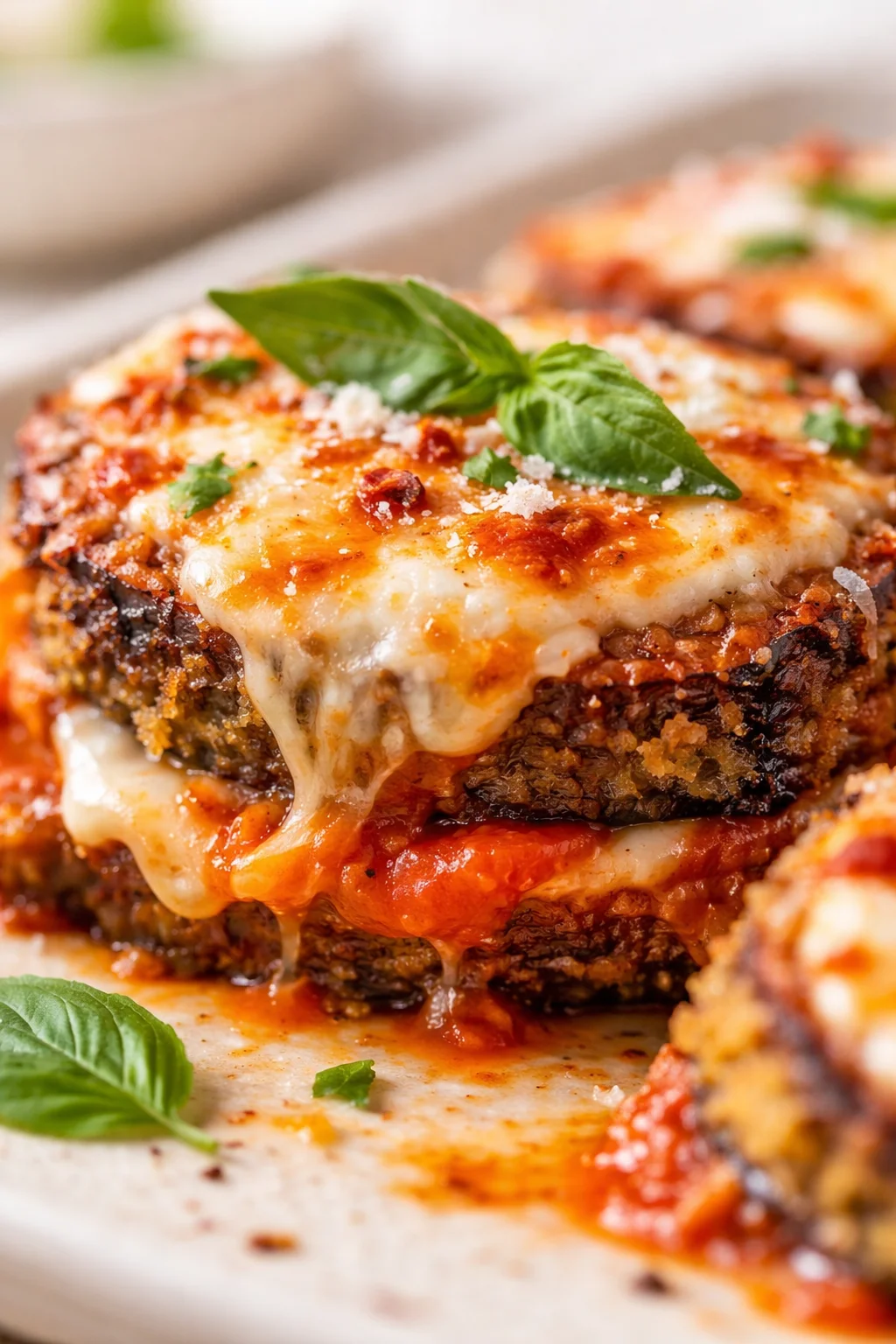 Close-up of a baked lasagna slice with melted cheese, tomato sauce, and basil garnish.