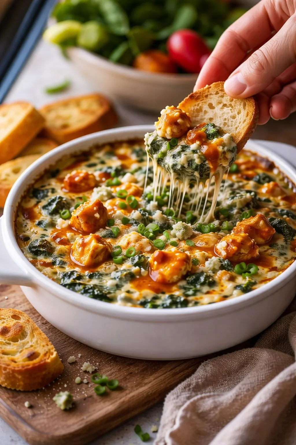 Creamy baked spinach and sausage dip in a white dish, mozzarella strings stretching as bread is dipped.