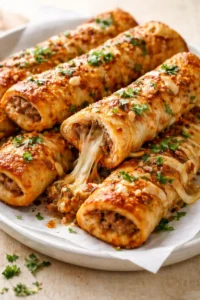 Golden-brown rolled dough filled with beef and melted cheese, topped with chopped parsley