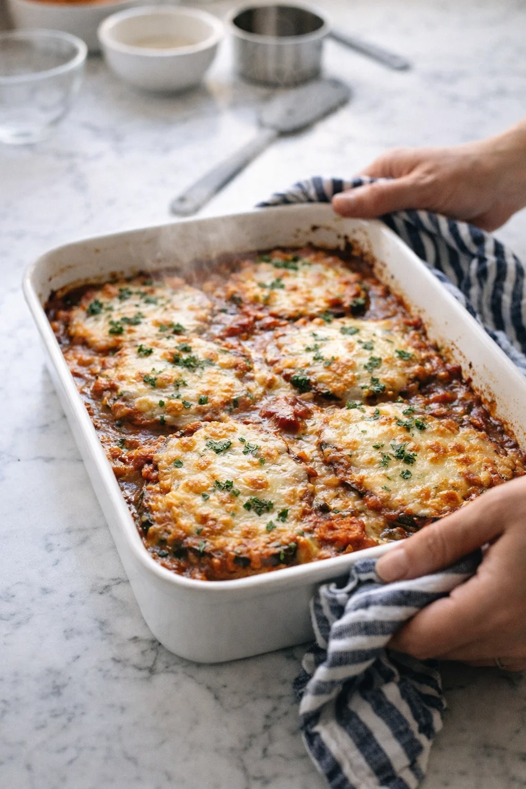 white ceramic baking dish of bubbling tomato sauce and melted cheese, parsley garnish, held with striped towel