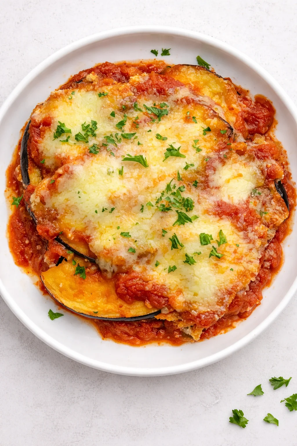 top-down view of a white bowl with baked eggplant parmesan, tomato sauce, melted cheese, and parsley