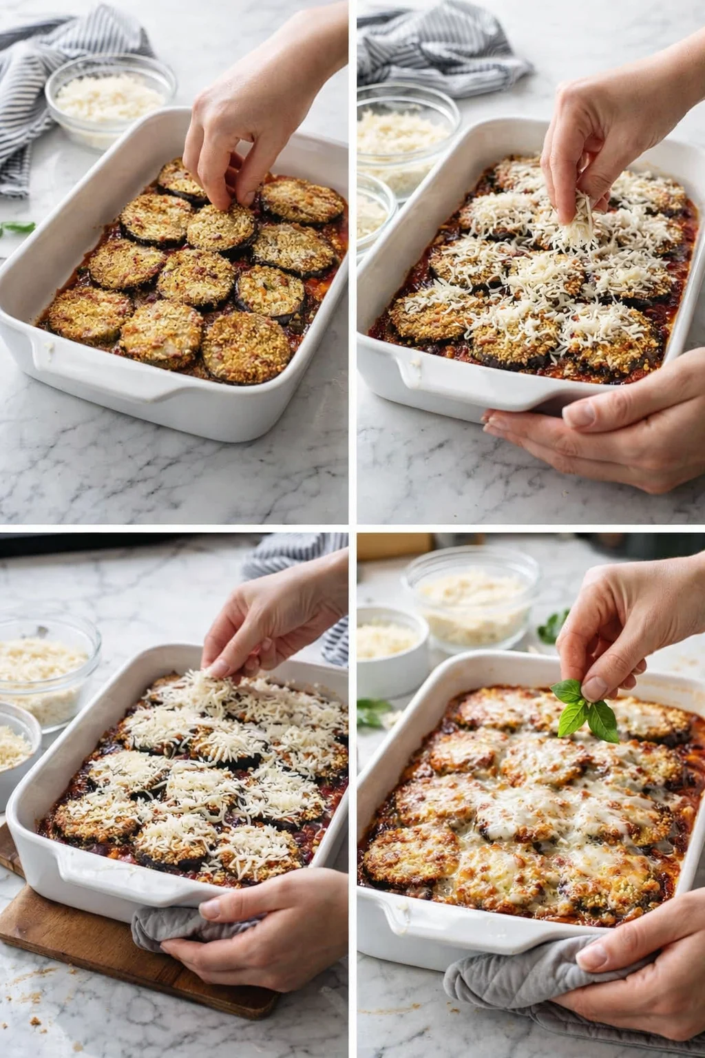 Collage of hands assembling eggplant parmesan: layering roasted eggplant, sauce, and shredded cheese in a white baking dish.