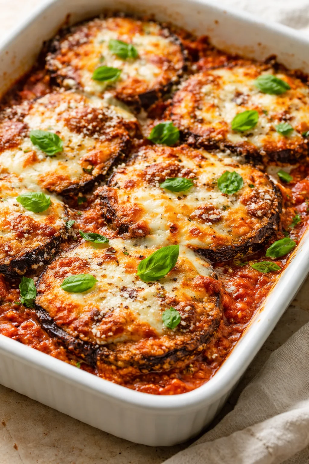white baking dish of eggplant parmesan with melted cheese, tomato sauce, and fresh basil