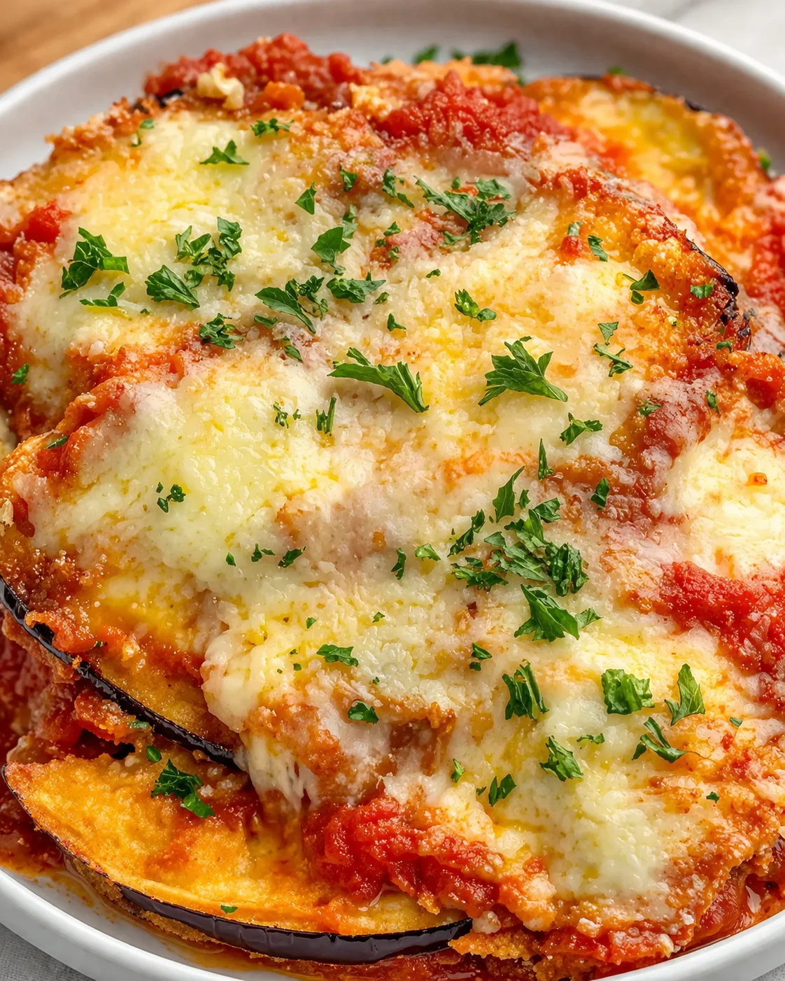 close-up of cheesy baked eggplant parmesan topped with chopped parsley