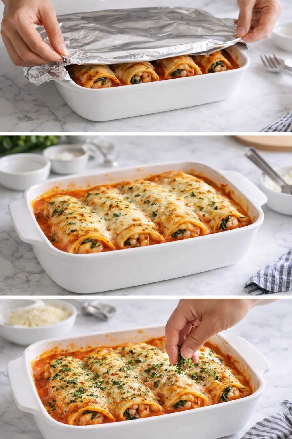 white casserole with cheese-topped enchiladas in tomato sauce, garnished with herbs.