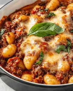 Close-up of cheesy baked gnocchi in meat sauce garnished with fresh basil leaves