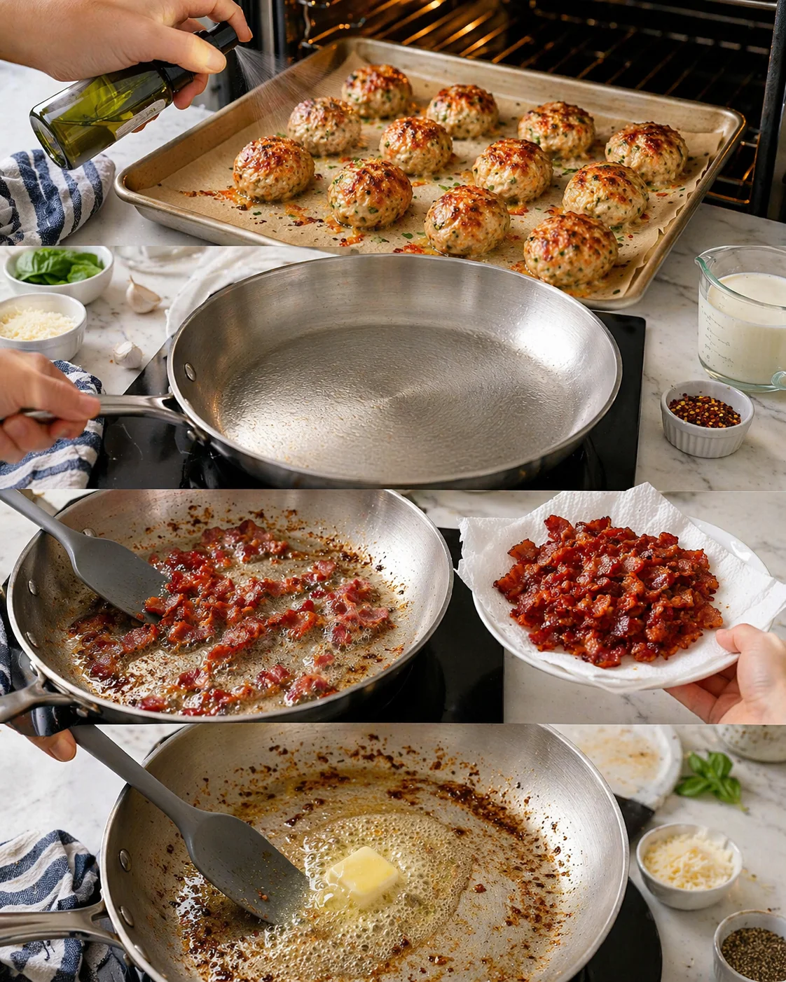 collage of kitchen steps: meatballs on baking sheet, bacon sizzling, butter sauce in pan