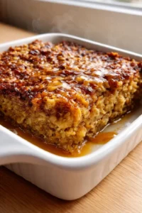warm baked oatmeal square with caramel glaze and nuts in a white baking dish