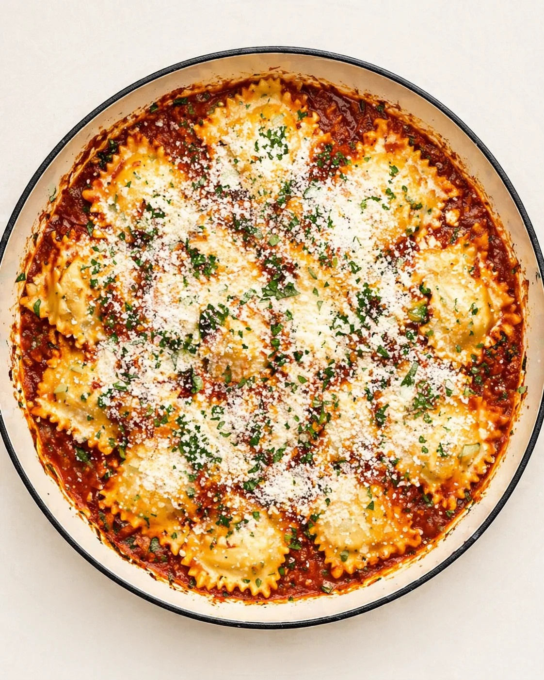 Top-down view of baked ravioli in tomato sauce, melted cheese, and parsley in a round pan.