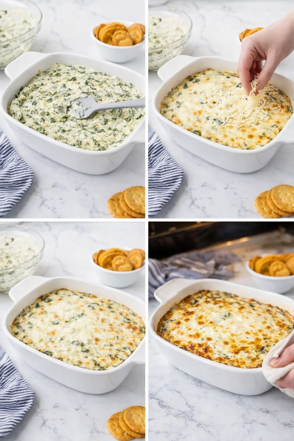 Four-panel collage of baked spinach-artichoke dip in a white dish, cheesy and bubbly.