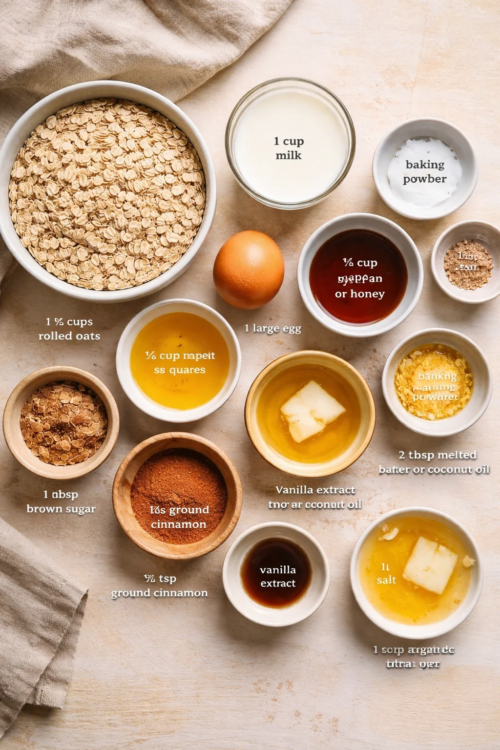 top-down collage of oats and baking ingredients arranged in bowls on a warm wooden surface