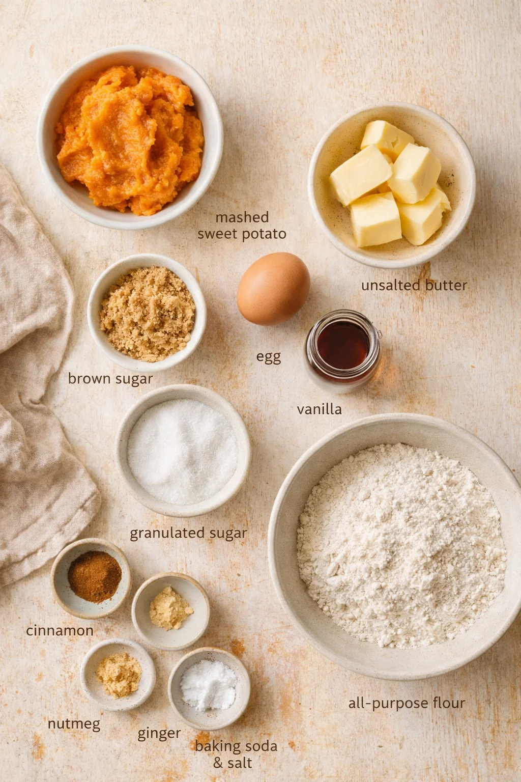 top-down view of baking ingredients arranged in bowls on a warm wooden surface