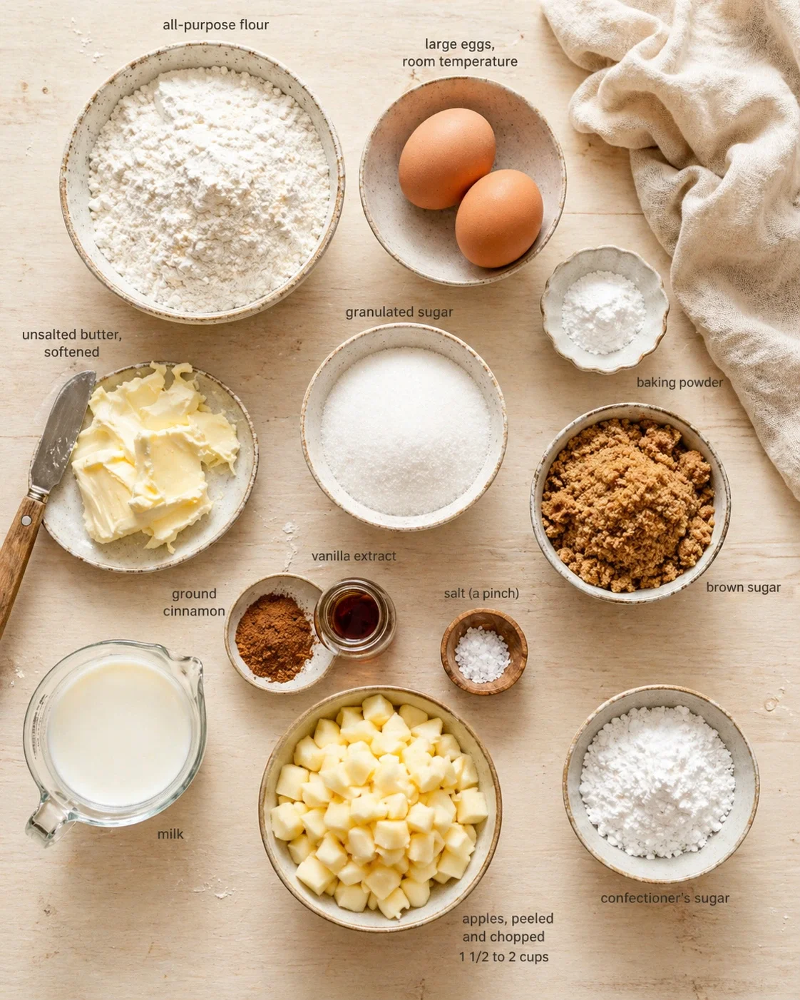 top-down view of baking ingredients arranged in ceramic bowls on a light wooden table with a beige towel nearby