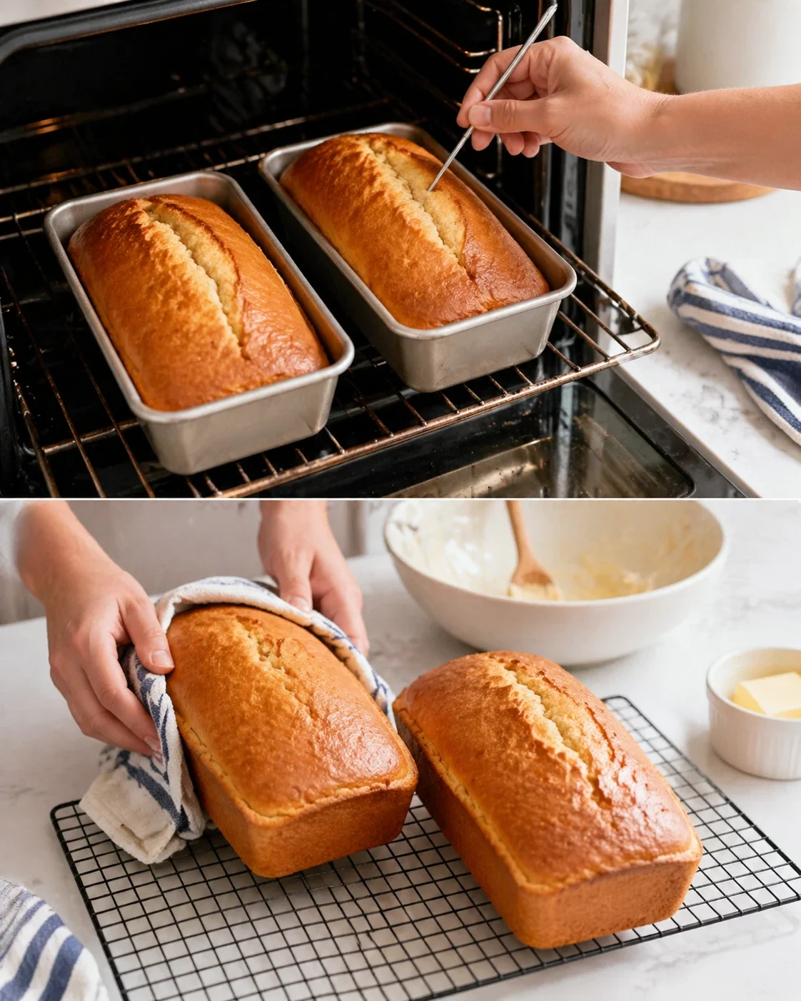Two golden loaves in loaf pans inside an oven; a tester is inserted to check doneness.