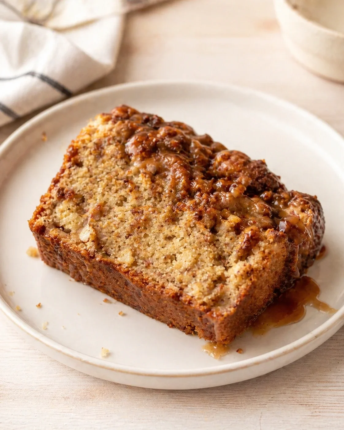 slice of banana bread with caramel glaze and nut topping on a white plate