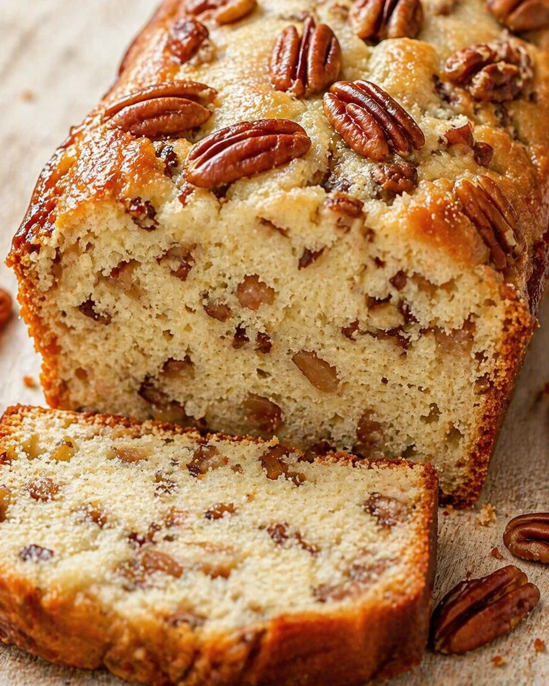 Close-up of banana bread loaf with pecans, sliced to show moist crumb.
