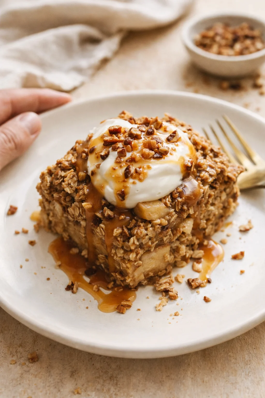 Square banana-oat crumble dessert topped with vanilla ice cream, caramel sauce, and chopped nuts on a white plate.