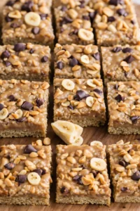 Squares of banana-nut-butter bars topped with peanuts, banana chips, and chocolate, arranged on a wooden board.