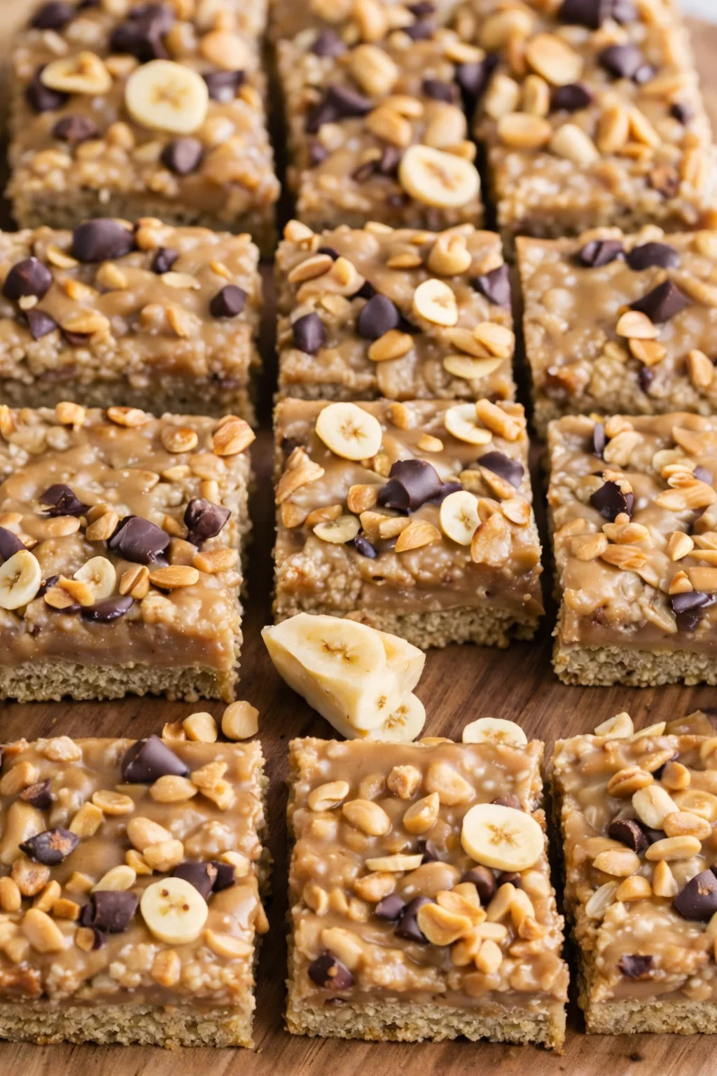 Squares of banana-nut-butter bars topped with peanuts, banana chips, and chocolate, arranged on a wooden board.