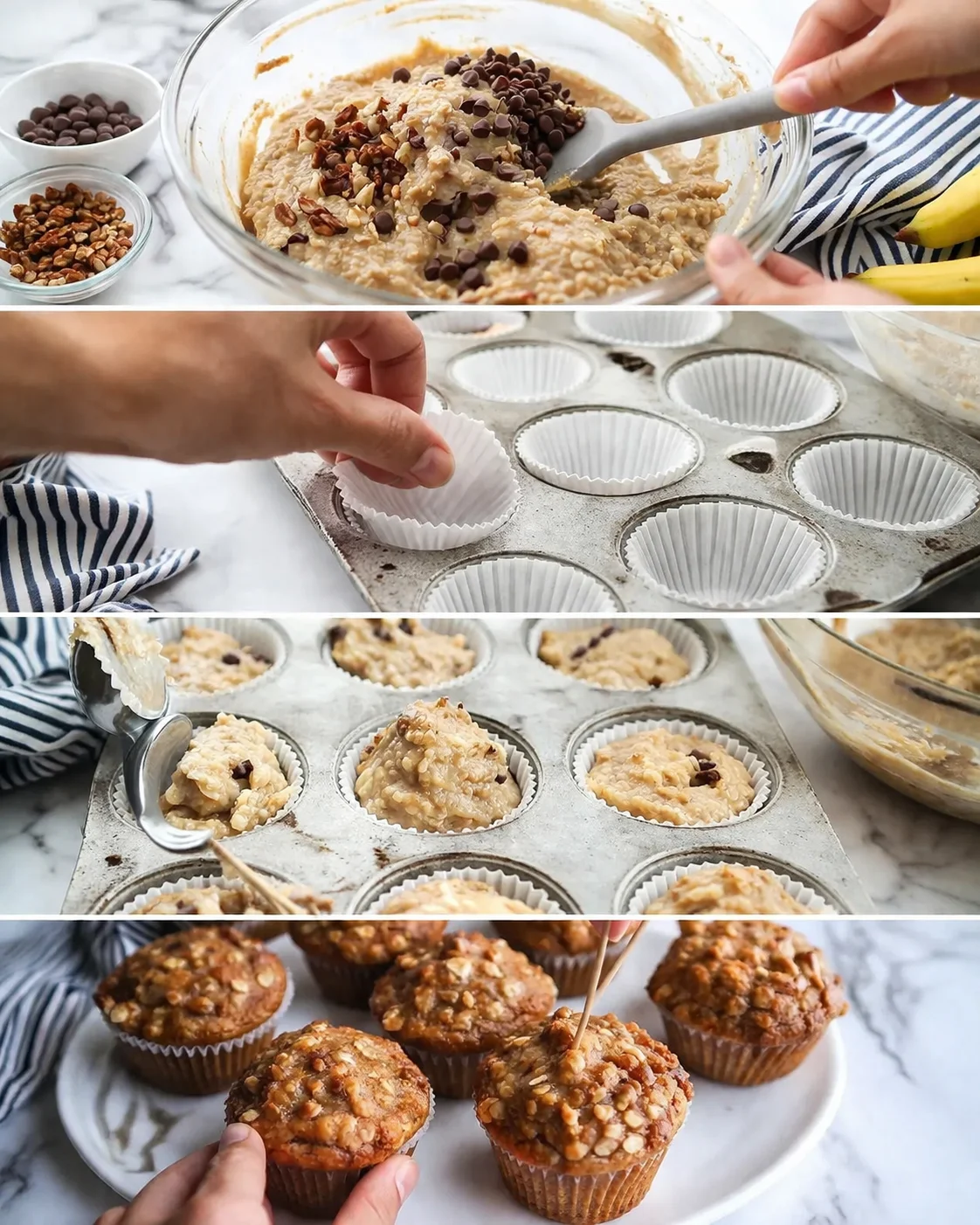 collage of batter with chocolate chips, filling muffin cups, and nut-topped muffins