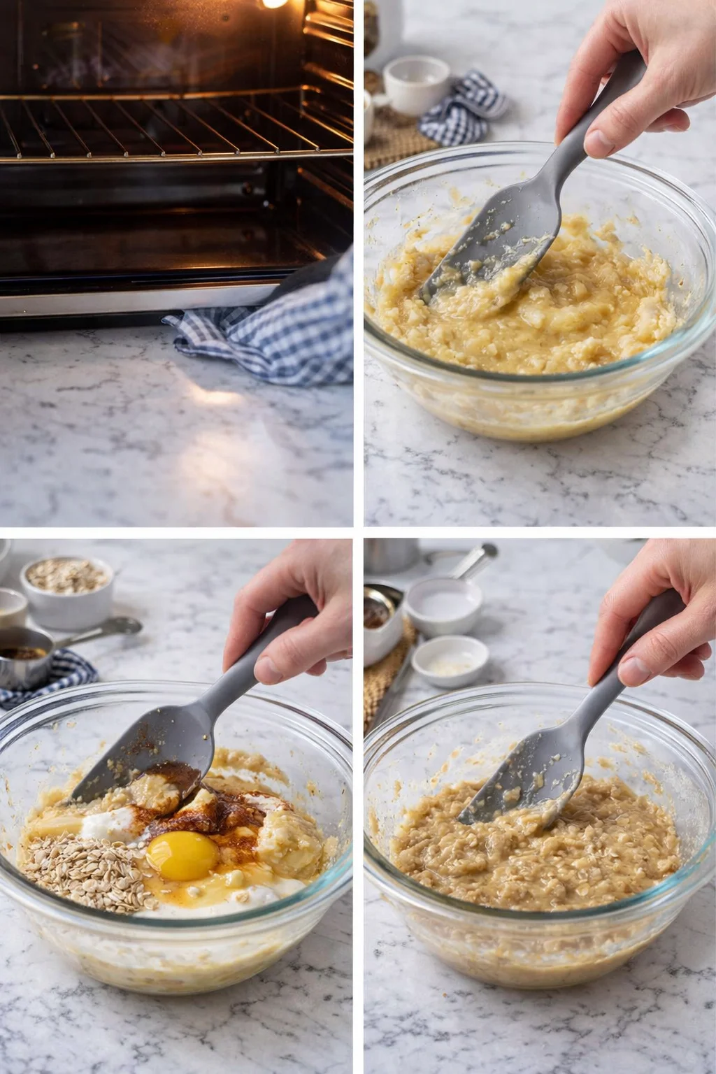 four-panel collage of a kitchen-baking sequence: oven, batter in bowl, oats and egg being mixed.