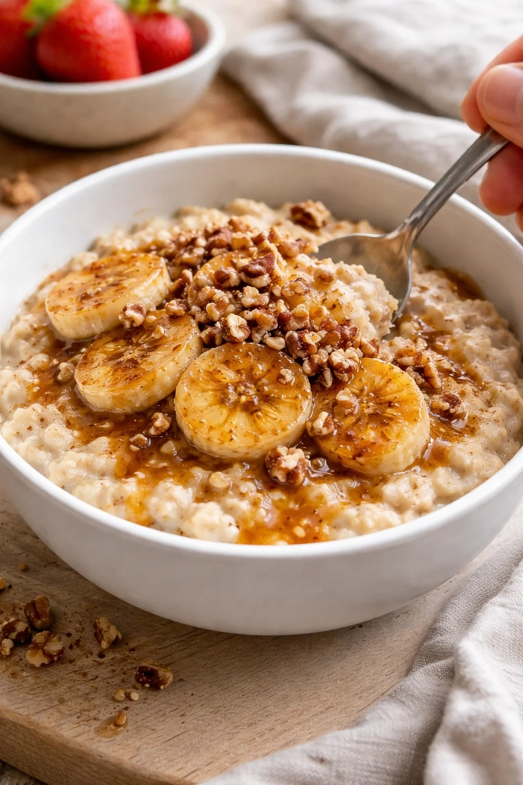 Creamy oatmeal topped with caramelized banana slices and chopped walnuts in a white bowl
