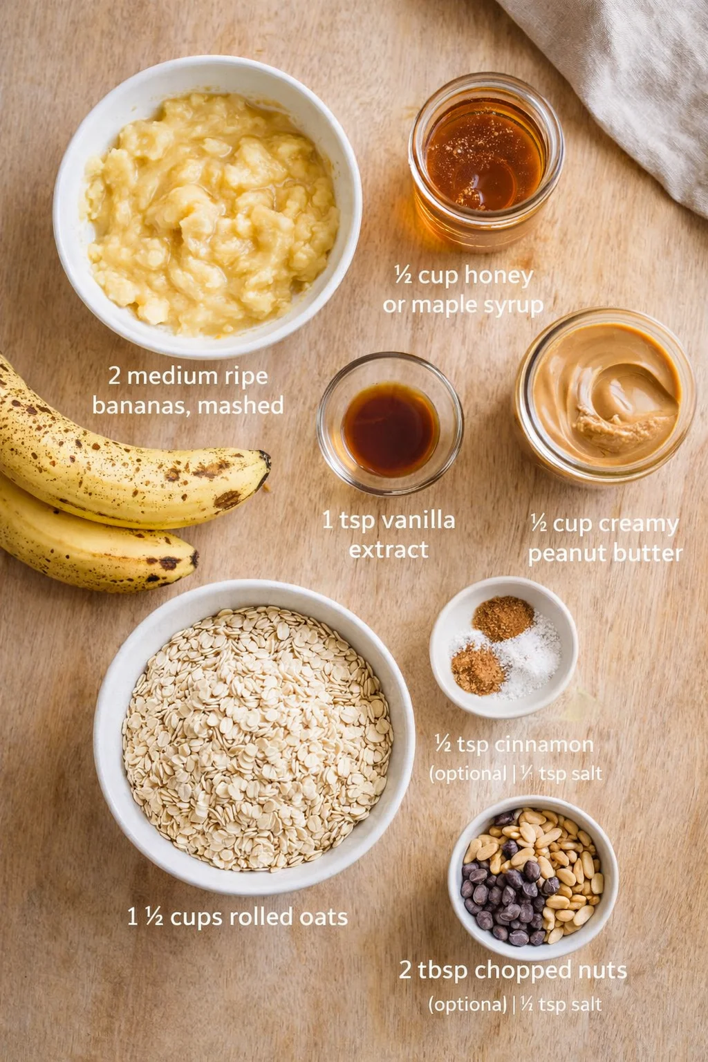 Overhead view of bananas, oats, peanut butter, honey, and spices arranged on a wooden surface.