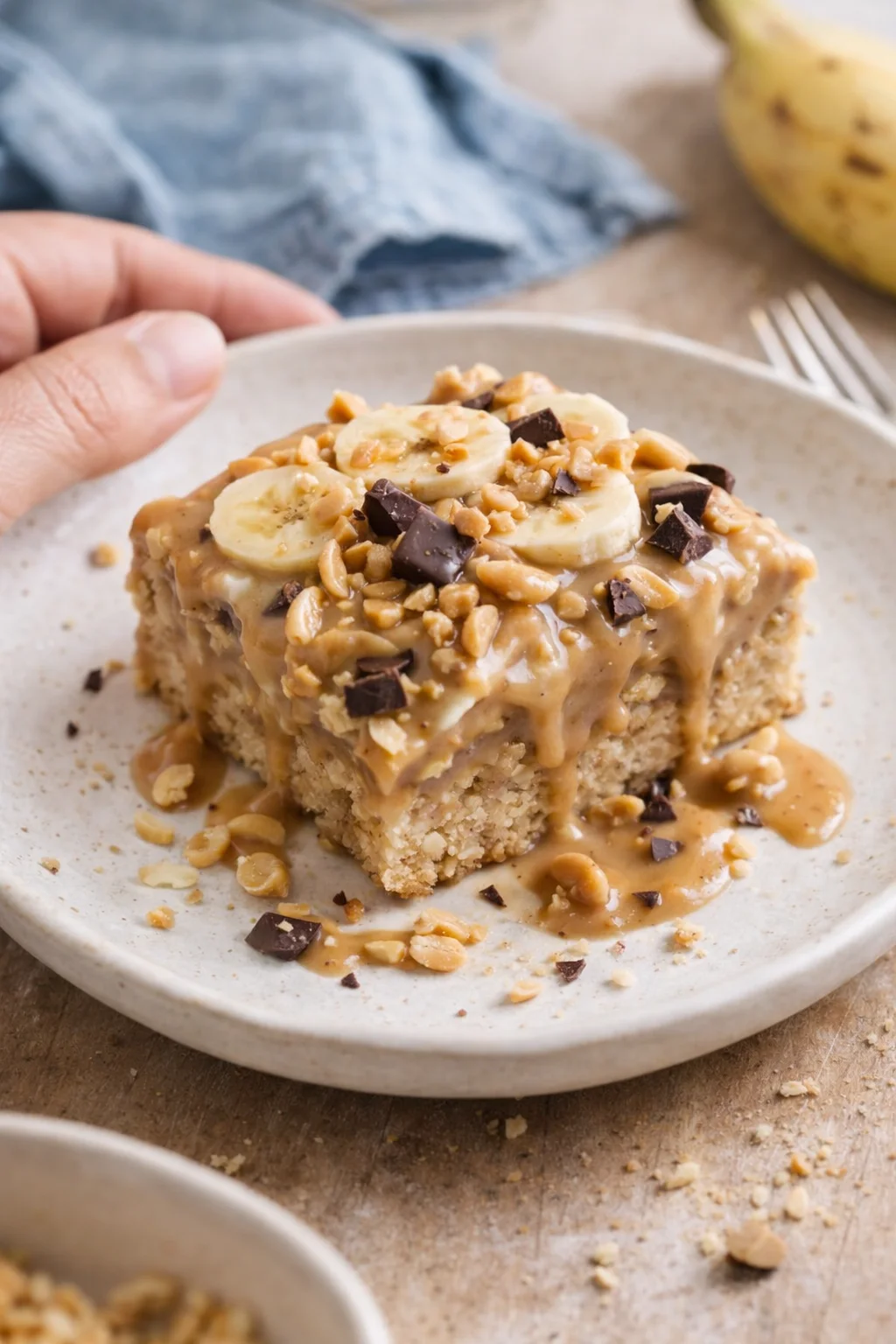 Banana-peanut-butter bar topped with banana slices, peanuts, and chocolate on a plate.
