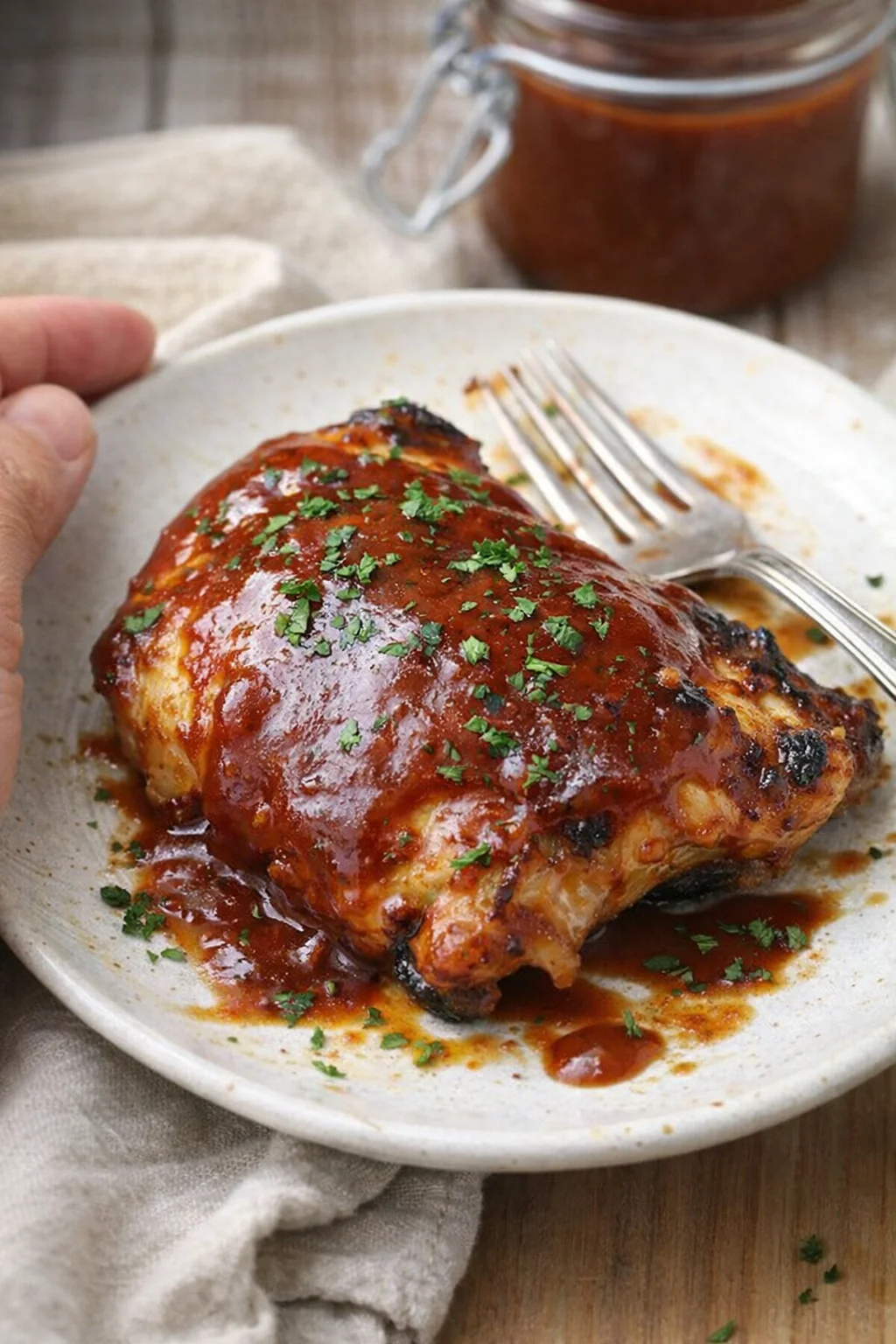 barbecue-glazed chicken thigh on a speckled white plate, garnished with chopped parsley, with fork nearby.