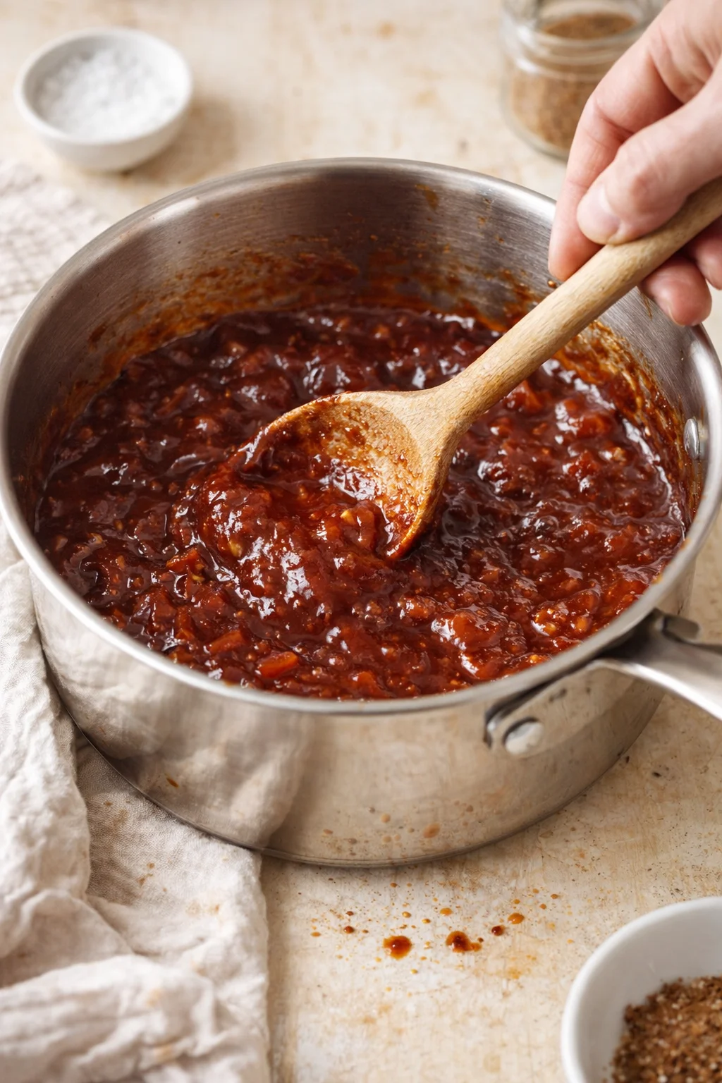 Close-up of a wooden spoon stirring thick, ruby barbecue sauce in a stainless steel pot.