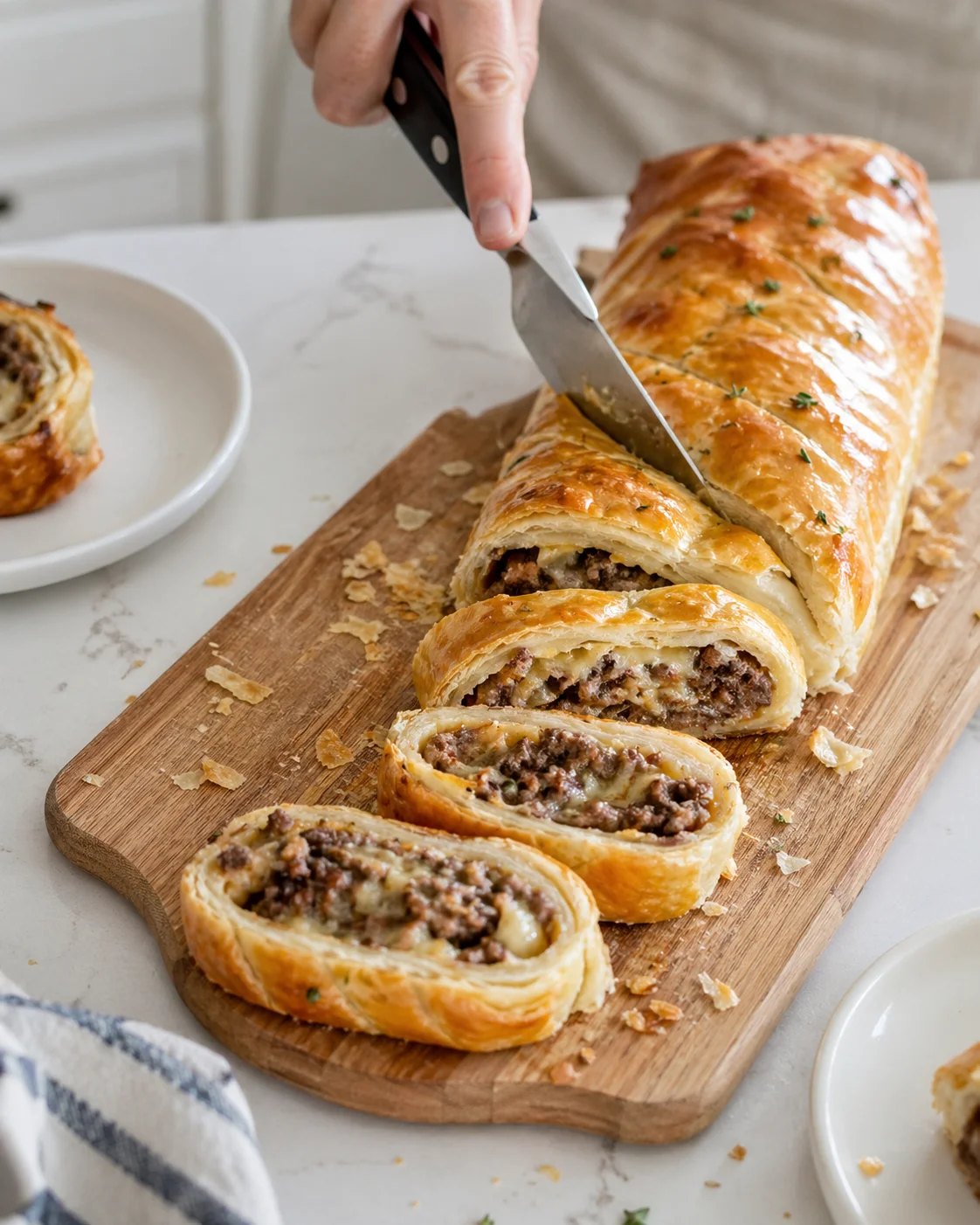 Golden puff pastry loaf filled with beef and cheese, being sliced on a wooden board.