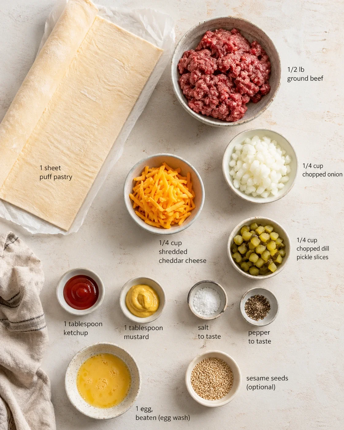 Overhead view of puff pastry with bowls of ground beef, onions, cheddar, pickles, and sauces.