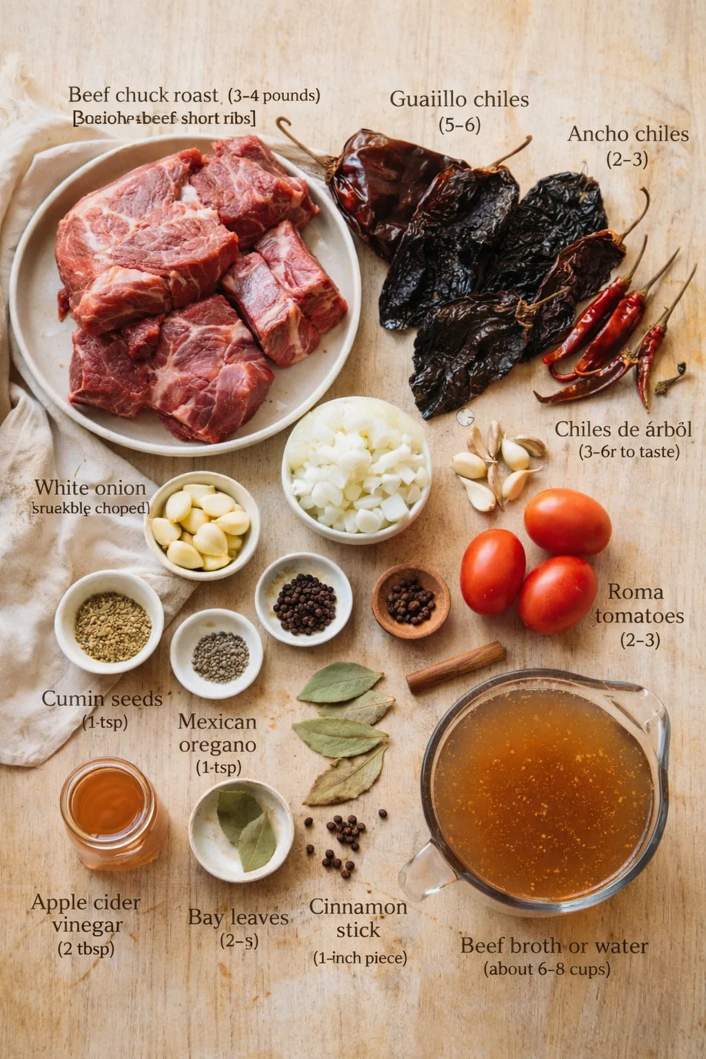 top-down view of raw beef, dried chiles, aromatics, and spices arranged on a wooden surface