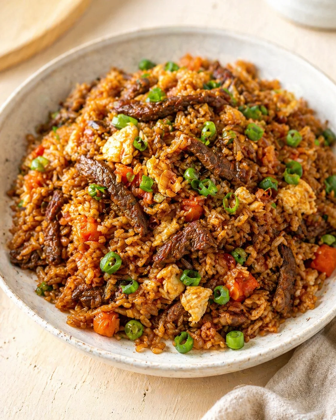 bowl of beef fried rice with green onions, peppers, and peas on a light wooden table