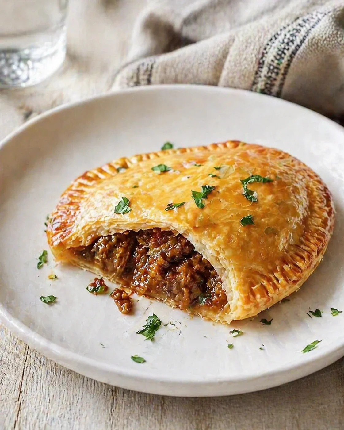 Golden-brown meat pie on white plate with flaky crust, cut open to reveal savory filling, garnished with parsley
