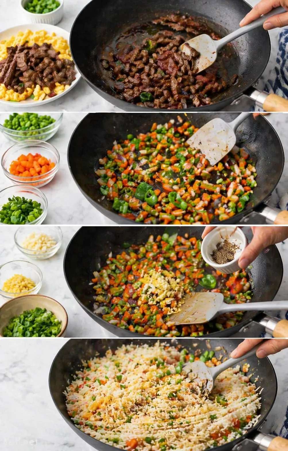 collage showing step-by-step beef fried rice: browning beef, sautéing vegetables, and adding rice in a wok.